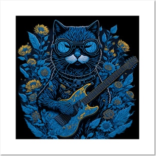 Cat with Guitar and Flowers Posters and Art